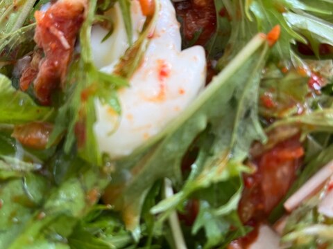 水菜とキムチのサラダ 温玉のせ